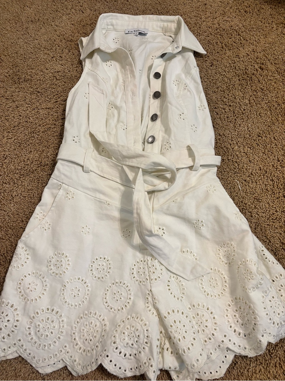 En Saison White Eyelet Button Romper with Tie Waist